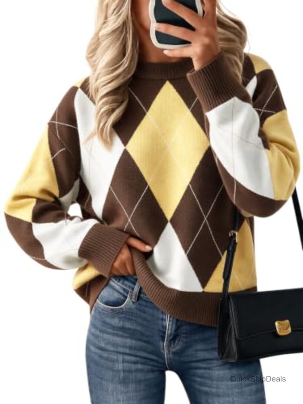 Women's Argyle Plaid Color Block Knit Pullover Sweater Crew Neck Long Sleeve